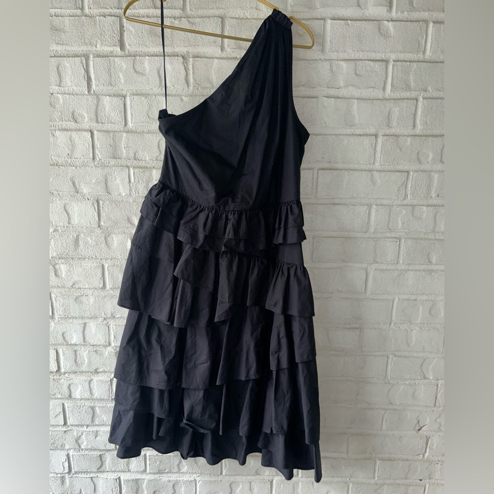 By Anthropologie One-Shoulder Tiered Midi Dress, Black, Size 8